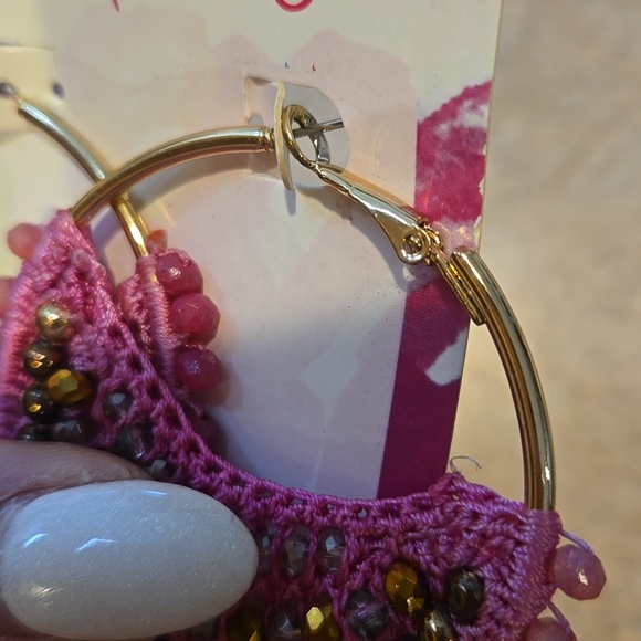 New Lilly Pulitzer Bougainvillea Pink Statement Hoop Crochet Beaded Earrings - Picture 3 of 10
